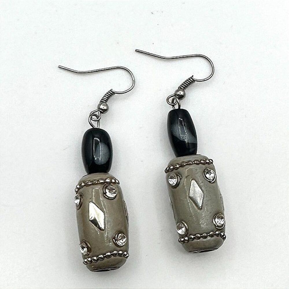 Vintage 90s Silver Tone Beaded Rhinestone Dangle Earrings Women's Jewelry